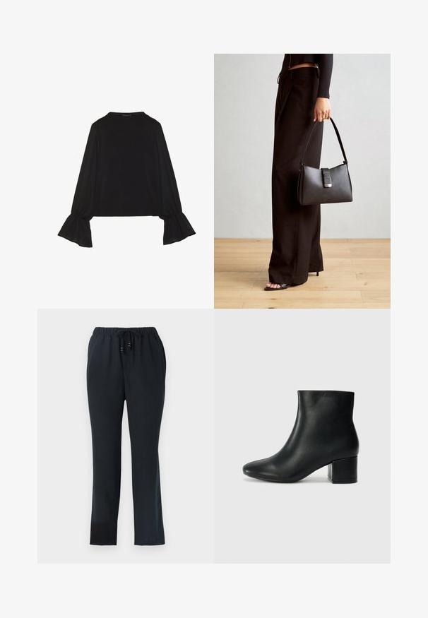 Melna garām piedurknēm krekls ar izplestu aproču, maigu tekstūru un brīvu piegriezumu, ar vienkāršu apaļu dekoltē.; Melnas, brīvi pieguļošas bikses ar elastīgu jostu un auklu. Izgatavotas no viegla auduma, ar gludu tekstūru un taisnām kājām.; Melna ādas potīšu zābaki ar smailu purngalu un masīlu papēdi. Gluda tekstūra ar minimāliem akcentiem un gludu, pieguļošu dizainu.; Melnā somiņa ar strukturētu formu, gludu tekstūru un metālu sprādzi. Saskaņota ar platām melnām biksēm un sandālēm ar atvērtu purngalu uz koka grīdas.