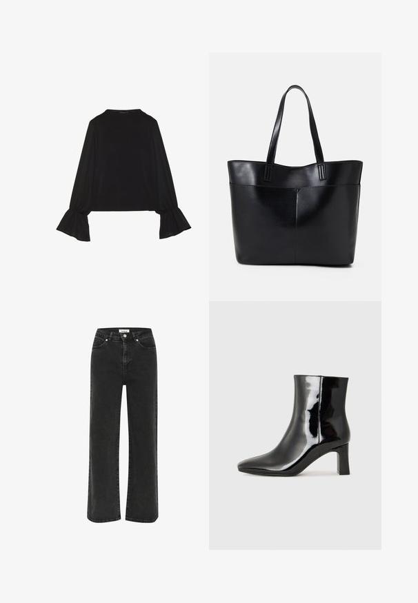 Black long-sleeve top featuring flared cuffs, soft texture, and a relaxed fit, with a simple round neckline.; Black wide-leg jeans made of denim, featuring a high waist, front pockets, and a zip fly with button closure. Subtle fading on fabric.; Black patent leather ankle boot with a pointed toe and a mid-height block heel. Smooth texture and minimalist design.; Black leather tote bag with two long handles, a smooth texture, and a structured shape. Features a front pocket for additional storage.