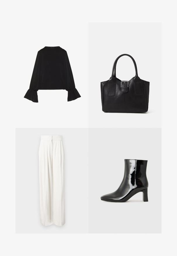 Sort langærmet top med flagrende manchetter, blød tekstur og en afslappet pasform, samt en enkel rund halsudskæring.; Høj talje, vide bukser i ensfarvet hvidt stof. Har en glat tekstur med forkæn kasser og en skjult lynlås bagpå.; Sort lakeret ankelstøvle med spids tå og en midt-højde blokhæl. Glat tekstur og minimalistisk design.; Sort læder tote taske med glat tekstur, struktureret form, to håndtag og en fremtrædende sølvspænde detalje på forsiden.