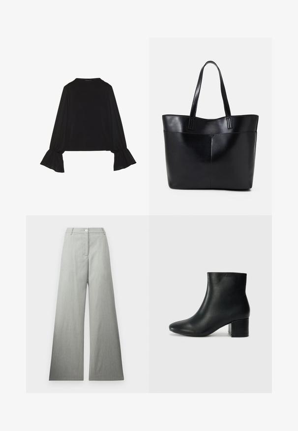 Musta pitkähihainen toppi, jossa on levenevät hihansuut, pehmeä rakenne ja rento fit, yksinkertaisella pyöreällä pääntiellä.; Vaaleanharmaat leveät housut, jotka on valmistettu teksturoituneesta kankaasta. Housuissa on etupainike ja siisti, litteä vyötärö. Ei näkyviä kuvioita tai koristeita.; Musta nahkasaappaat nilkkapituudella, jossa on terävä kärki ja paksu korko. Silkkinen pinta, jossa on minimaaliset yksityiskohdat ja tyylikäs, istuva muotoilu.; Musta nahkainen kassi, jossa on kaksi pitkää kahvaa, sileä pinta ja jämäkkä muoto. Sisältää etutaskun lisävarastointia varten.