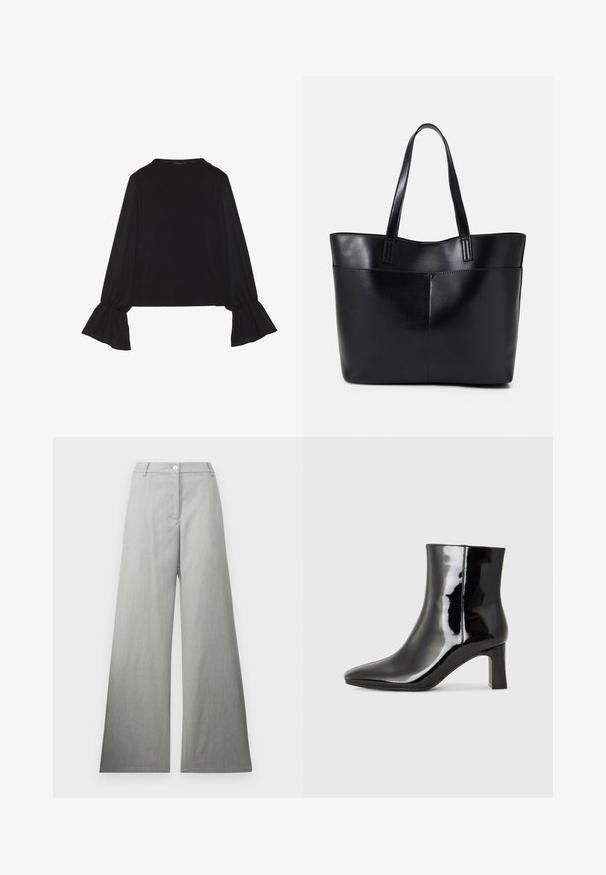Čierny top s dlhými rukávmi, flitrovanými manžetami, mäkkou textúrou a voľným strihom, s jednoduchým okrúhlym výstrihom.; Svetlo šedé široké nohavice vyrobené z textúrovanej tkaniny, s predným gombíkom a čistým, plochým pásom. Bez viditeľných vzorov alebo akcentov.; Čierne lakované členkové topánky s špicatou špičkou a stredne vysokým blokovým podpätkom. Hladká textúra a minimalistický dizajn.; Čierna kožená tote taška s dvoma dlhými rúčkami, hladkým povrchom a štruktúrovaným tvarom. Obsahuje prednú kapsu pre dodatočné uskladnenie.
