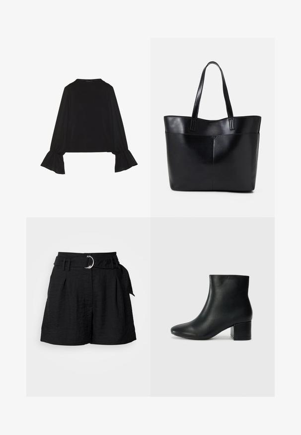 Melna garām piedurknēm krekls ar izplestu aproču, maigu tekstūru un brīvu piegriezumu, ar vienkāršu apaļu dekoltē.; Melni šorti no teksturēta auduma, ar jostu ar sudraba apaļu sprādzi, krokiem priekšpusē un pielāgotu griezumu.; Melna ādas potīšu zābaki ar smailu purngalu un masīlu papēdi. Gluda tekstūra ar minimāliem akcentiem un gludu, pieguļošu dizainu.; Melnas ādas iepirkumu soma ar divām garām rokturām, gludu tekstūru un strukturētu formu. Iekļauj priekšējo kabatu papildu uzglabāšanai.