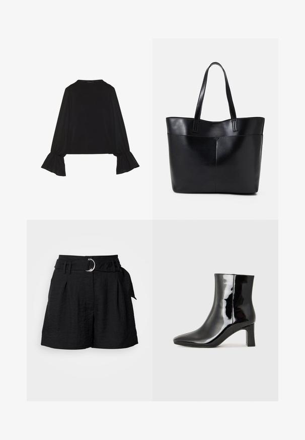 Črn dolg rokav vrh z razširjenimi manšetami, mehko teksturo in sproščenim krojem, z preprostim okroglim izrezom.; Črne hlače iz teksturiranega materiala, z pasom in srebrno okroglo zaponko, gubami spredaj in krojem po meri.; Črne lakirane gležnjarje z ošiljenim nosom in srednje visokim blokastim peto. Gladka tekstura in minimalističen dizajn.; Črna usnjena torba z dvema dolgima ročajema, gladko teksturo in strukturirano obliko. Ima sprednji žep za dodatno shranjevanje.