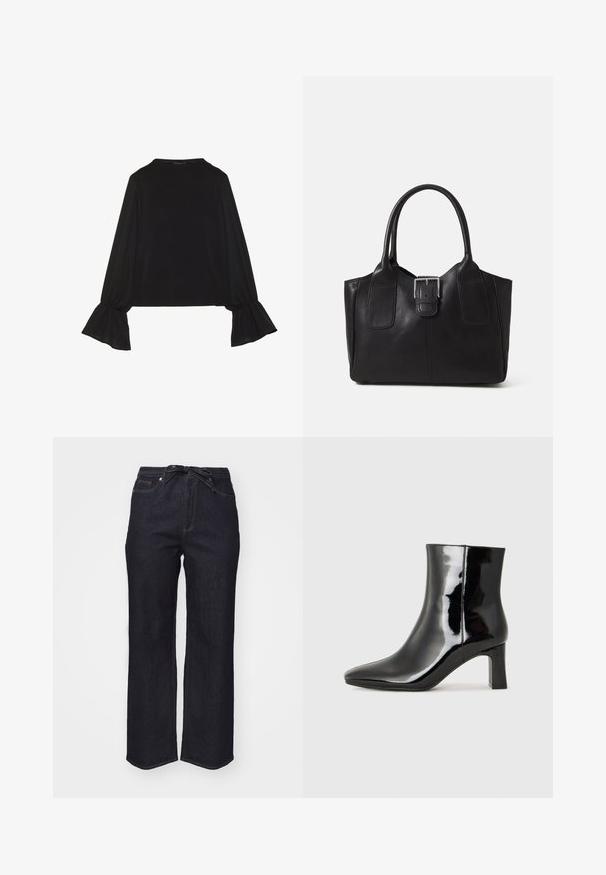 Black long-sleeve top featuring flared cuffs, soft texture, and a relaxed fit, with a simple round neckline.; Dark blue denim trousers with a high waist, wide leg, and a tie belt. Features standard stitching and a clean hem.; Black patent leather ankle boot with a pointed toe and a mid-height block heel. Smooth texture and minimalist design.; Black leather tote bag with smooth texture, structured shape, two handles, and a prominent silver buckle detail on the front.