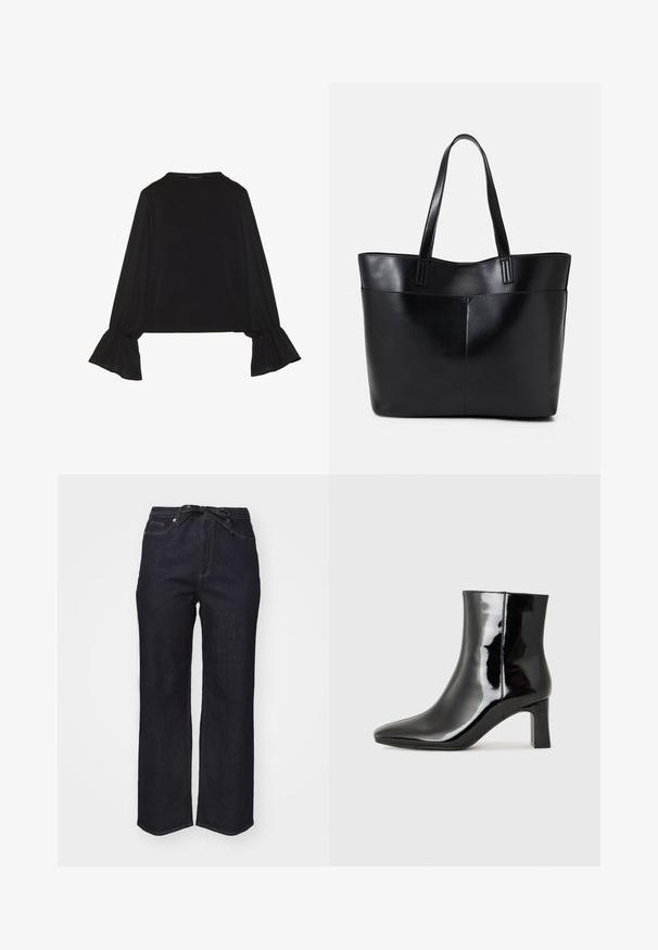 Black long-sleeve top featuring flared cuffs, soft texture, and a relaxed fit, with a simple round neckline.; Dark blue denim trousers with a high waist, wide leg, and a tie belt. Features standard stitching and a clean hem.; Black patent leather ankle boot with a pointed toe and a mid-height block heel. Smooth texture and minimalist design.; Black leather tote bag with two long handles, a smooth texture, and a structured shape. Features a front pocket for additional storage.
