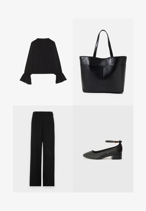 Top preto de mangas longas com punhos largos, textura suave e um corte descontraído, com um simples decote redondo.; Calças largas pretas com frente lisa, dois botões na cintura e um tecido suave. Corte ajustado com pregas para dar forma.; Sandal de pele preta com bico pontiagudo e um salto bloco baixo. Apresenta uma tira no tornozelo com uma fivela em tom dourado. Textura suave.; Bolsa tote preta em couro com duas alças longas, textura suave e forma estruturada. Apresenta um bolso frontal para armazenamento adicional.