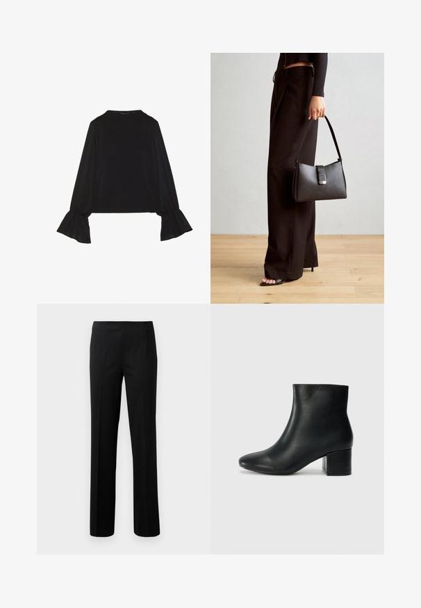 Juoda ilgomis rankovėmis palaidinė su išsiplėtusiais rankogaliais, minkšta tekstūra ir laisva forma, su paprastu apvaliu kaklu.; Priderinti juodi kelnės su vertikaliomis juostelėmis, lygia priekiu, dviem šoninėms kišenėms ir tiesiomis kojomis. Pagamintos iš sklandaus audinio.; Juodos odinės aulinės botai su smailiu priekiniu pirštu ir storu kulnu. Lygus tekstūra su minimaliomis detalėmis ir elegantišku, tvirtai priglundančiu dizainu.; Juodas rankinė struktūrizuota forma, lygi tekstūra ir metalinis užsegimas. Suporuota su plačiomis juodomis kelnėmis ir atvirais bateliais ant medinių grindų.