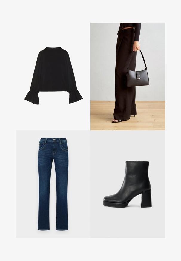 Črn dolg rokav vrh z razširjenimi manšetami, mehko teksturo in sproščenim krojem, z preprostim okroglim izrezom.; Temno modri kavbojke z ravnim krojem, petimi žepi in standardnim gumbom za zapiranje. Imajo diskretne šivane detajle.; Črne usnjene gležnjarje z blok peto in platformo, prikazane s strani na enobarvni beli podlagi.; Črna torbica z strukturirano obliko, gladko teksturo in kovinskim zaponko. Ujemajo se z širokimi črnimi hlačami in odprtimi sandali na lesenem tleh.