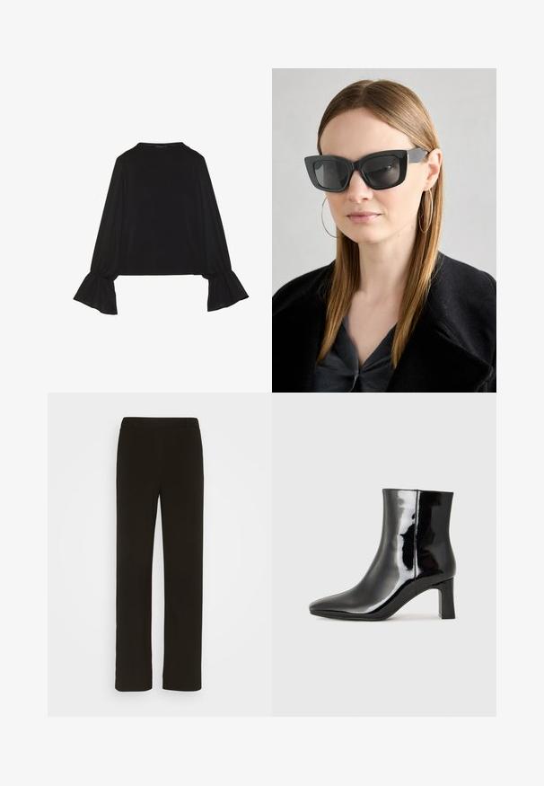 Fekete, hosszú ujjú felső, harang alakú mandzsettákkal, puha textúrával és laza szabással, egyszerű, kerek nyakkivágással.; Fekete, egyenes lábú nadrág szőtt anyagból, lapos elejű, két oldalzsebbel és sima textúrával. Nincsenek látható minták vagy részletek.; Fekete lakk bőrcipő bokáig érő, hegyes orral és közepes magasságú tömbsarokkal. Simább textúrával és minimalista dizájnnal rendelkezik.; Fekete macskaszem napszemüveg sötét lencsékkel, vastag kerettel és diszkrét díszítésekkel. Fekete kabátot és szürke felsőt visel, hosszú egyenes hajjal.