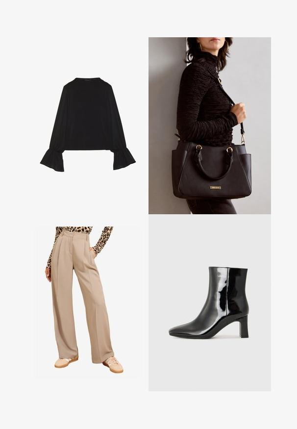 Schwarz langärmliges Oberteil mit ausgestellt geschnittenen Bündchen, weicher Textur und entspannter Passform, mit einem schlichten runden Halsausschnitt.; Beige weite Hose, gefaltete Front, hohe Taille, seitliche Taschen, kombiniert mit hellen Sneakers. Der Stoff wirkt glatt und strukturiert.; Schwarzer Lackleder-Stiefelette mit spitzer Zehe und einem mittelhohen Blockabsatz. Glatte Textur und minimalistisches Design.; Schwarze Handtasche mit strukturierten Oberflächen, doppelten Obergriffen und verstellbarem Schultergurt. Mit goldfarbener Hardware und Seitentaschen.