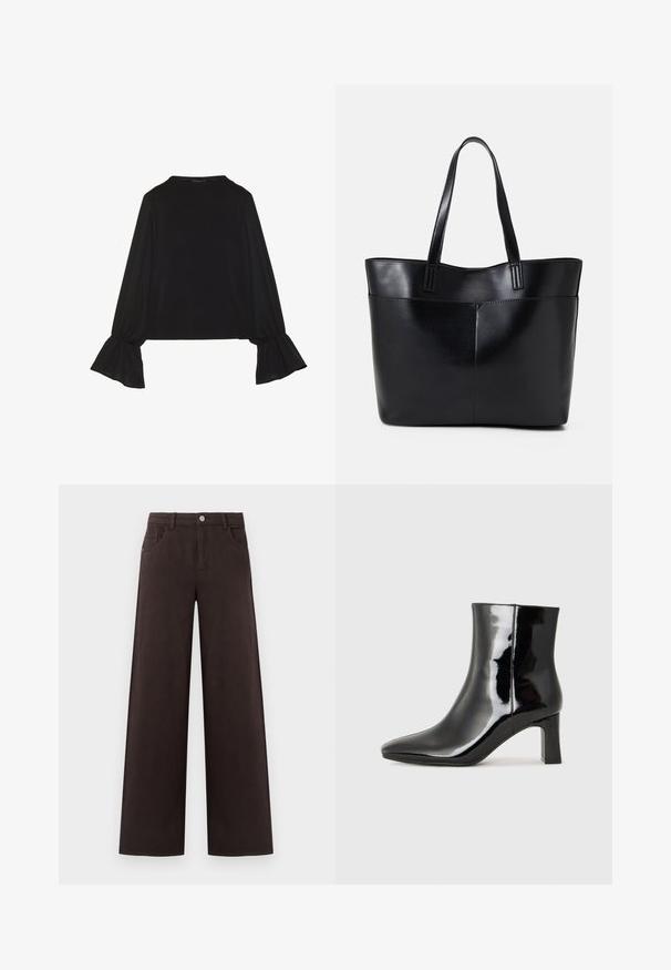 Fekete, hosszú ujjú felső, harang alakú mandzsettákkal, puha textúrával és laza szabással, egyszerű, kerek nyakkivágással.; Vastag szárú nadrág sötétbarna pamutból. Gombos záródással és elülső zsebekkel rendelkezik, sima textúrával és letisztult vonalakkal.; Fekete lakk bőrcipő bokáig érő, hegyes orral és közepes magasságú tömbsarokkal. Simább textúrával és minimalista dizájnnal rendelkezik.; Fekete bőr bevásárlótáska két hosszú fogantyúval, sima felülettel és strukturált formával. Elülső zseb található rajta a plusz tárolás érdekében.