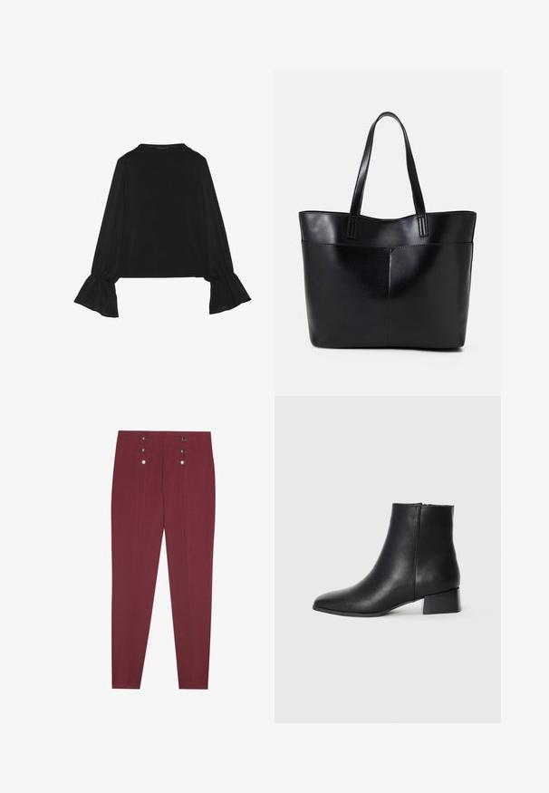 Svart långärmad topp med utställda ärmslut, mjuk textur och avslappnad passform, med en enkel rund halsringning.; Bordeaux skräddarsydda byxor med sidofickor, med en mjuk textur och fyra dekorativa silverknappar vid midjan.; Svart läderankelsko med spetsig tå och låg klack, med en slät yta och minimalistisk design.; Svart läder tote-väska med två långa handtag, en slät yta och en strukturerad form. Har en framficka för extra förvaring.