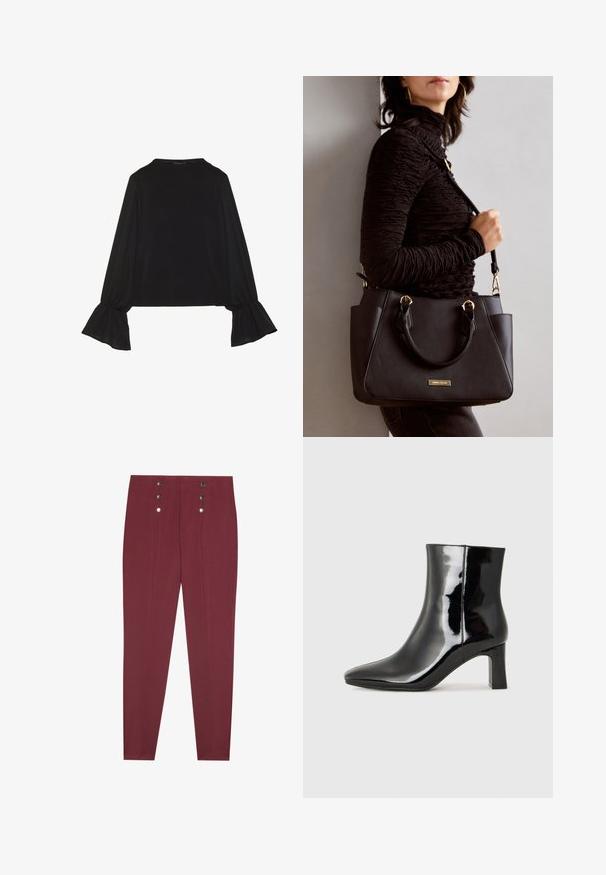 Maglietta nera a maniche lunghe con polsini svasati, texture morbida e vestibilità rilassata, con un semplice collo rotondo.; Pantaloni tailored bordeaux con tasche laterali, caratterizzati da una texture liscia e quattro bottoni decorativi argentati in vita.; Stivaletto in pelle verniciata nera con punta a punta e tacco a blocco di altezza media. Texture liscia e design minimalista.; Borsa nera con superficie texturizzata, manici superiori doppi e tracolla regolabile. Dotata di hardware color oro e tasche laterali.