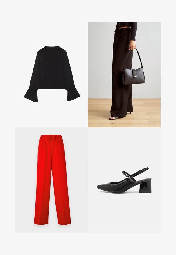 Black long-sleeve top featuring flared cuffs, soft texture, and a relaxed fit, with a simple round neckline.; Red trousers with a wide-leg design, made of smooth fabric. Features an elastic waistband and drawstring detail for adjustable fit.; Black patent leather slingback heels with a pointed toe, a rounded cutout design, and a block heel. Features a gold-tone buckle accent.; Black handbag with structured shape, smooth texture, and a metallic clasp. Paired with wide black pants and open-toe sandals on wooden floor.