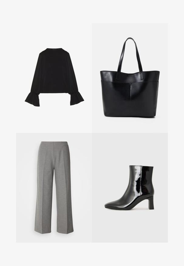 Schwarz langärmliges Oberteil mit ausgestellt geschnittenen Bündchen, weicher Textur und entspannter Passform, mit einem schlichten runden Halsausschnitt.; Graue maßgeschneiderte Schlaghose mit einer glatten Textur, flachem Vorderteil und präzisen Falten auf jedem Bein.; Schwarzer Lackleder-Stiefelette mit spitzer Zehe und einem mittelhohen Blockabsatz. Glatte Textur und minimalistisches Design.; Schwarze Leder-Shopper-Tasche mit zwei langen Griffen, einer glatten Textur und einer strukturierten Form. Verfügt über eine Vordertasche für zusätzlichen Stauraum.