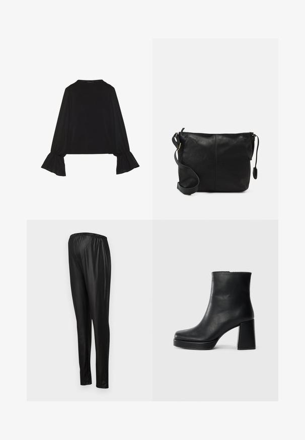Černý top s dlouhými rukávy, který má rozšířené manžety, jemnou texturu a volný střih, s jednoduchým kulatým výstřihem.; Černé elastické kalhoty vyrobené z lesklého materiálu, s elastickým pasem a štíhlým střihem. Hladká textura a délka těsně nad kotníky.; Černý kožený kotníkový bot s blokovým podpatkem a platformou, viděný z boku na jednoduchém bílém pozadí.; Černá kožená kabelka přes rameno s plochým tvarem, zlatými kovovými detaily a nastavitelným popruhem. Hladký povrch s minimem švů.