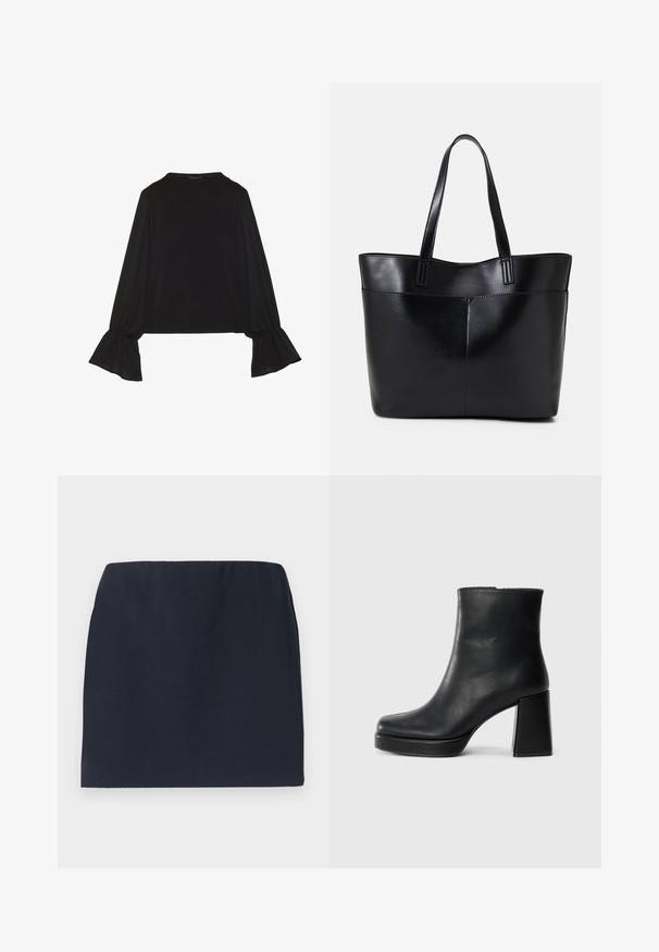 Černý top s dlouhými rukávy, který má rozšířené manžety, jemnou texturu a volný střih, s jednoduchým kulatým výstřihem.; Námorně modrá mini sukně vyrobená z hladké tkaniny s elastickým pasem. Jednoduchý design bez vzorů nebo viditelných kovových detailů.; Černý kožený kotníkový bot s blokovým podpatkem a platformou, viděný z boku na jednoduchém bílém pozadí.; Černá kožená taška s dlouhými ušima, hladkým povrchem a strukturovaným tvarem. Obsahuje přední kapsu pro další úložný prostor.