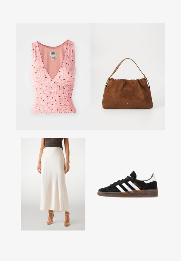 Haut sans manches rose avec un col en V, présentant des détails smockés et un imprimé floral. De petites fleurs rouges sont dispersées sur un fond à pois.; Jupe maxi en satin crème avec une texture lisse, taille haute, dotée d'une fente sur le côté, associée à des sandales à talons hauts dorées avec des lanières.; Baskets Adidas noires avec rayures blanches, inscription dorée "Spezial", semelle en gomme et languette blanche au talon, présentées en vue de profil.; Sac à main en daim marron avec un design plissé, arborant une seule sangle en cuir beige et un discret logo doré à l'avant.