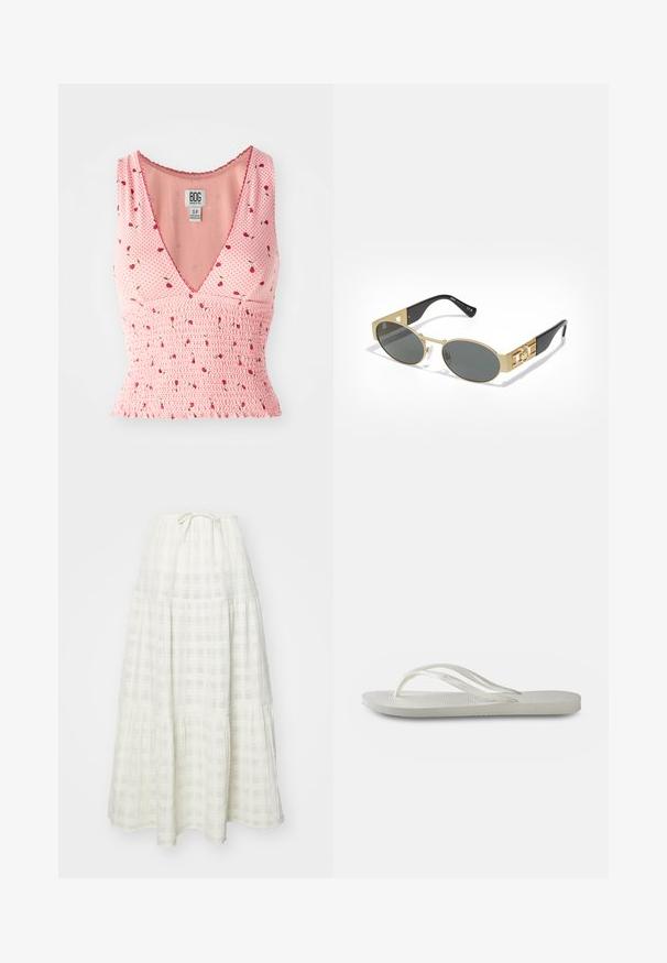 Top rosa senza maniche con scollatura a V, caratterizzato da dettagli arricciati e una stampa floreale. Piccole fiori rossi sono sparsi su uno sfondo a pois.; Lunga gonna bianca realizzata in tessuto testurizzato, caratterizzata da un motivo a quadretti, design a strati e una cravatta svasata in vita.; Infradito bianchi con suola testurizzata, caratterizzate da cinghie sottili e design piatto. Realizzate in gomma con un logo sottile sulla soletta.; Occhiali da sole ovali con montatura in metallo dorato e lenti grigie. Presentano bracci in acetato nero con dettagli dorati e logo sui lati.