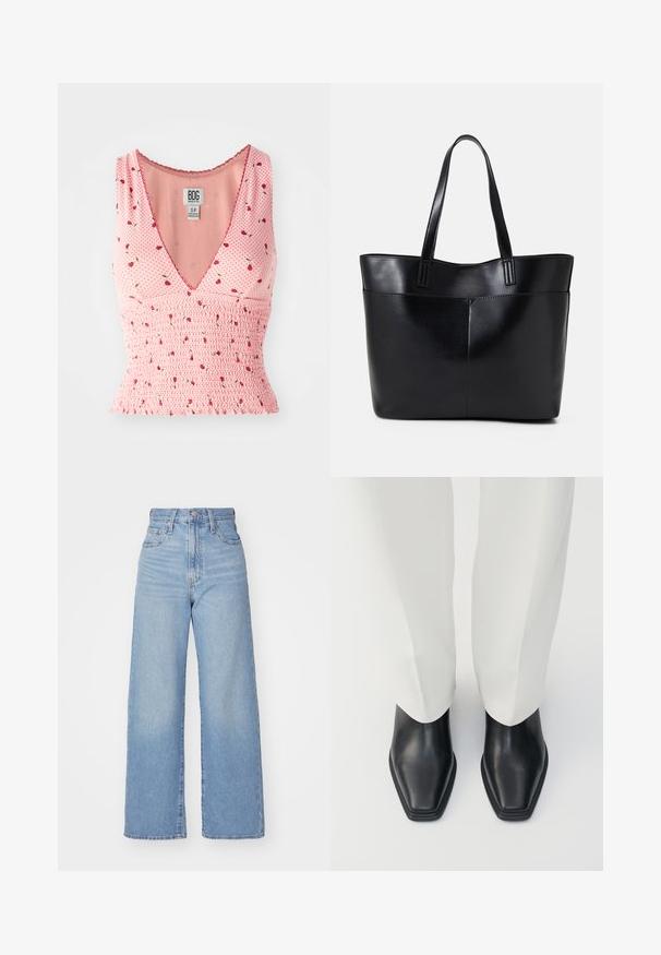 Top roz fără mâneci, cu decolteu în V, având detalii cu smocuri și un imprimeu floral. Flori roșii mici sunt împrăștiate pe un fond cu buline.; Jeans cu talie înaltă, de culoare albastru deschis, cu croială largă, dotate cu nasture și fermoar la față, buzunare în față și spate, pe un fundal alb.; Bocanci negri din piele pentru gleznă, cu vârf ascuțit și toc mic, acompaniați de pantaloni albi largi. Textură netedă, design elegant.; Geantă oversized din piele neagră, cu două mânere lungi, de textură netedă și formă structurată. Are un buzunar frontal pentru stocare suplimentară.