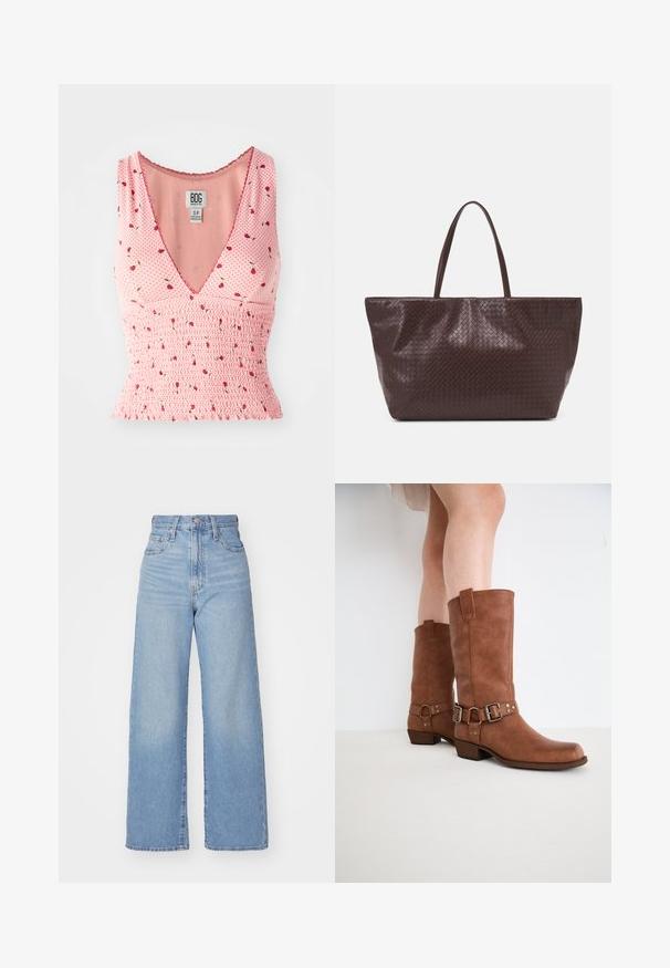 Haut sans manches rose avec un col en V, présentant des détails smockés et un imprimé floral. De petites fleurs rouges sont dispersées sur un fond à pois.; Jean large taille haute bleu clair avec bouton et fermeture éclair à l'avant, poches avant et arrière, sur fond blanc.; Bottines en cuir marron avec un bout légèrement pointu, des boucles décoratives et un talon bas empilé. Texture lisse avec une finition mate.; Sac à tote en cuir tressé marron avec deux poignées, une forme structurée et une surface texturée, présentant un motif en losanges sur toute sa surface.