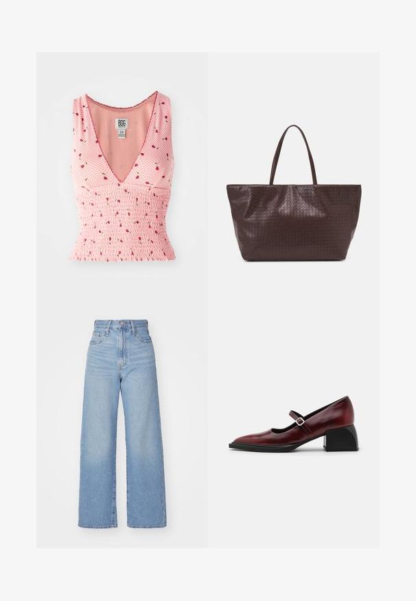 Rozā bezpiedurkņu tops ar V-veida kakla izgriezumu, kas rotāts ar smocētiem elementiem un ziedu rakstu. Uz polka punkta fona ir izkaisīti mazi sarkani ziedi.; Gaiši zili augstās jostas vidukļa platās bikses ar priekšējo pogu un rāvējslēdzēju, priekšējām un aizmugurējām kabatām uz baltā fona.; Burgundijas krāsas ādas Mary Jane kurpes ar smailo pirkstu, sānu sprādzi un masīlu melnu papēdi. Gluda virsma ar nelielu spīdumu.; Brūna austs ādas rokassoma ar divām rokturiem, strukturētu formu un teksturētu virsmu, ar diagonālu rakstu visā virsmā.