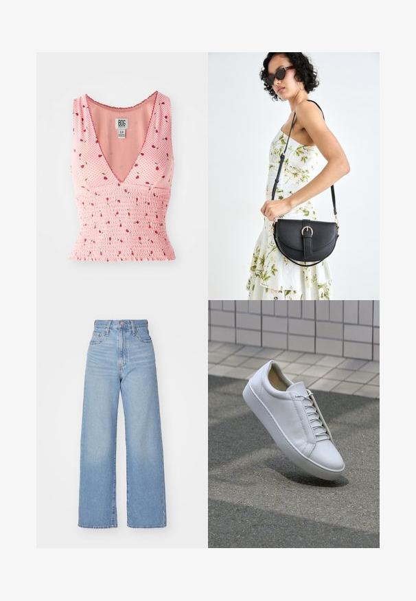 Rozā bezpiedurkņu tops ar V-veida kakla izgriezumu, kas rotāts ar smocētiem elementiem un ziedu rakstu. Uz polka punkta fona ir izkaisīti mazi sarkani ziedi.; Gaiši zili augstās jostas vidukļa platās bikses ar priekšējo pogu un rāvējslēdzēju, priekšējām un aizmugurējām kabatām uz baltā fona.; Balti ādas kedas ar apaļu purngalu, plakanu zoli un sešām acu pāriem. Gluda tekstūra un minimālistisks dizains ar šuvju detaļām.; Melnas ādas rokassoma ar izliekta formu, noņemamu siksnu un zelta aksesuāriem. Somai ir vāciņš ar sprādzes detaļu.