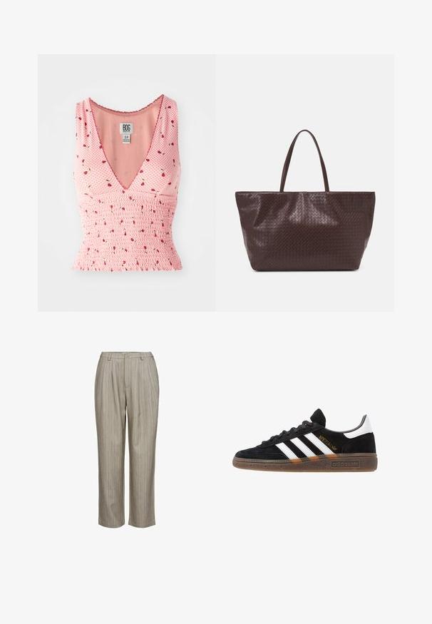 Pink sleeveless top with a V-neck, featuring smocked detailing and a floral print. Small red flowers are scattered on a polka dot background.; Light grey pleated trousers with vertical stripes, made from a textured fabric. Features a waistband with a single button and straight leg design.; Black Adidas sneaker with white stripes, gold "Spezial" text, gum sole, and white heel tab, shown in profile view.; Brown woven leather tote bag with two handles, a structured shape, and a textured surface, featuring a diamond pattern throughout.