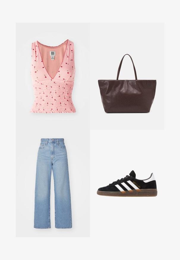 Top sin mangas de color rosa con escote en V, que presenta detalles fruncidos y un estampado floral. Pequeñas flores rojas están esparcidas sobre un fondo de lunares.; Jeans de tiro alto y pernera ancha en azul claro, con cierre frontal de botón y cremallera, y bolsillos delantero y trasero, sobre un fondo blanco.; Zapatilla negra de Adidas con franjas blancas, texto dorado "Spezial", suela de goma y talón blanco, mostrada en vista lateral.; Bolso tote de cuero trenzado marrón con dos asas, de forma estructurada y superficie texturizada, con un patrón de diamantes en todo su diseño.