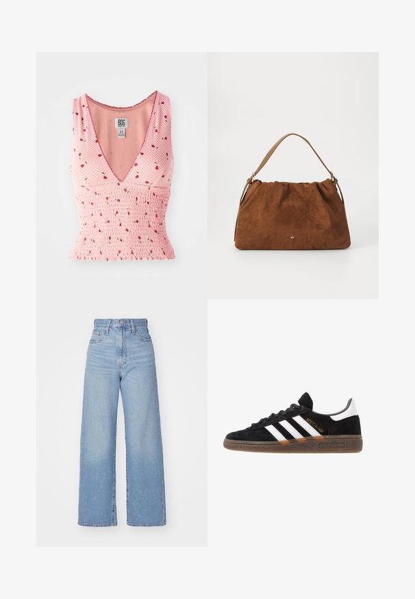 Rozā bezpiedurkņu tops ar V-veida kakla izgriezumu, kas rotāts ar smocētiem elementiem un ziedu rakstu. Uz polka punkta fona ir izkaisīti mazi sarkani ziedi.; Gaiši zili augstās jostas vidukļa platās bikses ar priekšējo pogu un rāvējslēdzēju, priekšējām un aizmugurējām kabatām uz baltā fona.; Melnas Adidas sporta kurpes ar baltām svītrām, zelta "Spezial" uzrakstu, gumijas zoli un baltu papēža daļu, attēlotas profila skatījumā.; Brūna zamšāda soma ar savilkšanas dizainu, kurai ir viena gaiši brūna ādas siksna un smalka zelta logo detaļa priekšpusē.