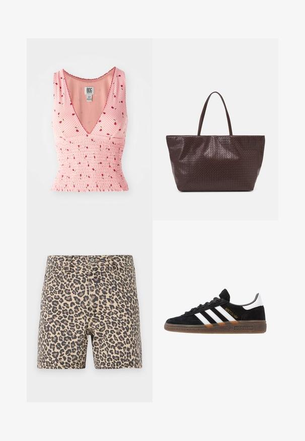 Rosa ermeløs topp med V-hals, med smock-detaljer og blomstermønster. Små røde blomster er spredt på en prikkete bakgrunn.; Løverflekks denimshorts i beige og svart. Klassisk fem-lommers design med knappelukking og belteforinger. Glatt tekstur.; Sorte Adidas sneakers med hvite striper, gull "Spezial" tekst, gummisåle og hvit hælklaff, vist fra profil.; Brun flettet lær tote bag med to håndtak, en strukturert form og en teksturert overflate, med et diamantmønster gjennom hele.
