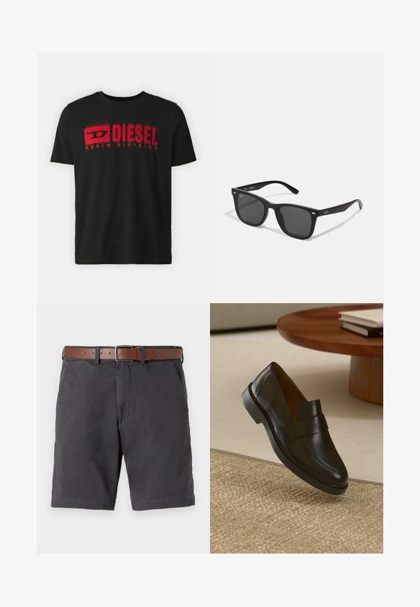 Mustat puuvillapaita, jossa on punainen "DIESEL"-logo ja "DENIM DIVISION"-teksti. Lyhyet hihat, pyöreä pääntie, sileä pinta, rento malli.; Tummanharmaat puuvillashortsit, joissa on ruskea nahkavyö, etutaskut ja ommellut reunat.; Musta nahkakengät, joissa on sileä pinta, pyöreä kärki ja koristeellinen hihna yläosassa. Matala kuminen korko, joka on asetettu tekstuuripinnalle.; Mustat muoviset aurinkolasit tummilla linsseillä. Neliönmuotoinen kehys, jossa on metalliset yksityiskohdat ja logo tempuran ulkopuolella.