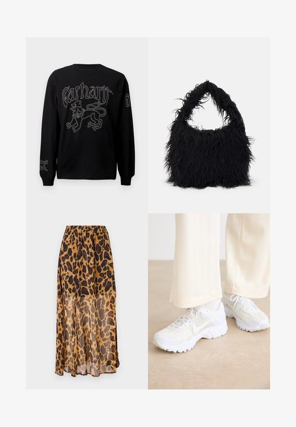 Black long-sleeve shirt featuring white embroidery of a lion and text, with a round neckline and ribbed cuffs.; Leopard print skirt made of lightweight, sheer fabric. Features an elastic waistband and flowing design, with shades of brown and black spots.; White athletic shoes with a mesh design, textured surfaces, and supportive soles. Laces and subtle branding detail on the side.; Even&Odd Tote bag - black