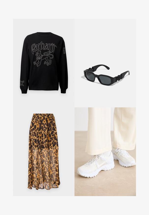 Sort langærmet skjorte med hvid broderi af en løve og tekst, rund halsudskæring og ribbede manchetter.; Leopardtrykt nederdel lavet af let, gennemsigtigt stof. Har en elastisk talje og et flydende design med nuancer af brune og sorte pletter.; Hvide sportsko med et mesh-design, teksturerede overflader og støttende såler. Snørebånd og diskret brandingdetalje på siden.; Sorte solbriller med vinkelret ramme, tykke kanter, mørkt tonede linser og cirkulær accentdetalje på stellets sider. Glat plastmateriale.; Even&Odd Shopping bags - black