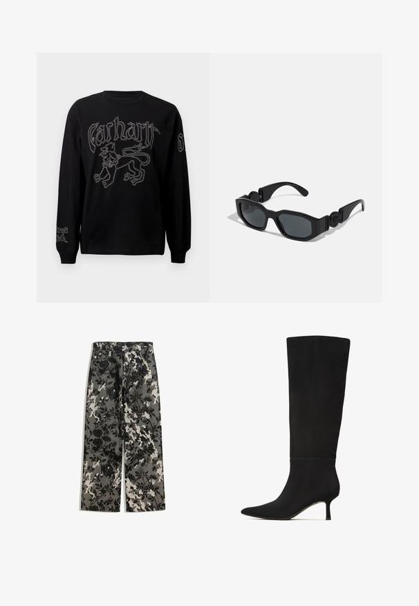 Zwarte lange mouwen shirt met witte borduursel van een leeuw en tekst, met een ronde halslijn en geribde manchetten.; Mid-rise wijde broek in een textuurpatroon van zwart-witte bloemen op een grijze achtergrond, met een klassieke tailleband en zijzakken.; Zwarte laars tot de knie in gladde suede met een spitse neus en een slanke stilettohak. Heeft een naadloos ontwerp en minimale hardwareaccenten.; Zwarte zonnebril met hoekig montuur, dikke randen, donker getinte lenzen en cirkelvormig accentdetail op de veren. Gladde kunststof materiaal.; Even&Odd Shopper - black