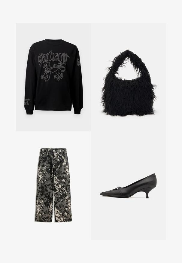 Crna majica dugih rukava s bijelim vezom lava i tekstom, okruglog izreza i rebrastim manžetama.; Hlače srednje visine s širokim nogavicama u teksturiranom crno-bijelom cvjetnom uzorku na sivoj pozadini, s klasičnim pojasom i prednjim džepovima.; GIABORGHINI DANA - Klasične cipele s visokom petom - black; Even&Odd Velika torba - black