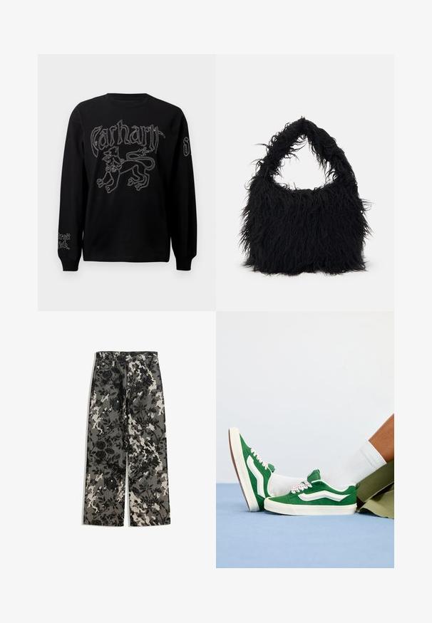 Svart långärmad skjorta med vit broderi av ett lejon och text, med rund halsringning och ribbade ärmslut.; Mellanhöga, vida byxor i ett strukturerat svartvitt blommönster på en grå bakgrund, med en klassisk midja och framfickor.; Gröna mockaskor med vita accenter, texturerade snören med rosa detaljer, och en tan gummisula, bärs med vita strumpor och gröna shorts.; Even&Odd Shoppingväska - black