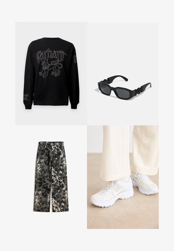 Svart långärmad skjorta med vit broderi av ett lejon och text, med rund halsringning och ribbade ärmslut.; Mellanhöga, vida byxor i ett strukturerat svartvitt blommönster på en grå bakgrund, med en klassisk midja och framfickor.; Vita sportskor med ett nätmönster, texturerade ytor och stödjande sulor. Snörning och subtil varumärkesdetalj på sidan.; Svarta solglasögon med vinklad ram, tjocka kanter, mörkt tonade linser och cirkulär detalj på skalmarna. Slätt plastmaterial.; Even&Odd Shoppingväska - black