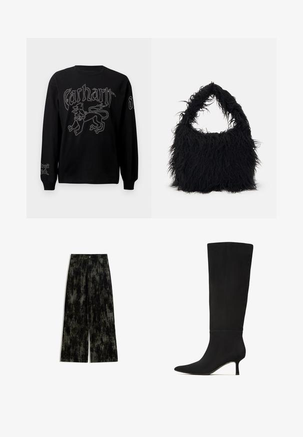 Zwarte lange mouwen shirt met witte borduursel van een leeuw en tekst, met een ronde halslijn en geribde manchetten.; Wijdvallende broek in zwart en donkergrijs met een gestructureerd, gemêleerd patroon, voorkeurszakken, knoopsluiting en riemlussen.; Zwarte laars tot de knie in gladde suede met een spitse neus en een slanke stilettohak. Heeft een naadloos ontwerp en minimale hardwareaccenten.; Even&Odd Shopper - black