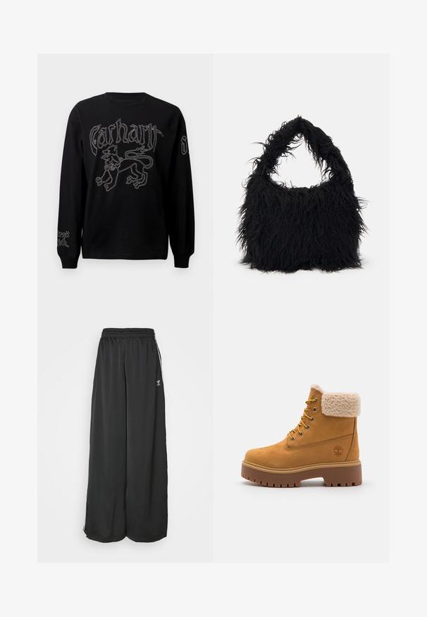 Tricou negru cu mâneci lungi, prezentând broderie albă cu un leu și text, având guler rotund și manșete cu nervuri.; Pantaloni de trening negri, cu croială lejeră, dintr-un material neted. Dispun de o talie elastică și dungi laterale cu accente ale logo-ului.; Boots din suede bej cu un guler din blană sintetică, ochiuri aurii și talpă din cauciuc cu contrast. Prezintă un logo pe lateral și o talpă texturată.; Even&Odd Geantă de pânză - black