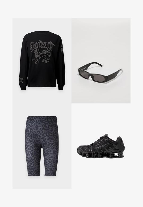 Camisa preta de manga longa com bordado branco de um leão e texto, com decote redondo e punhos canelados.; Calças curtas pretas com um padrão de estampa de leopardo em diferentes tons de cinza. Feitas de um tecido macio e elástico com uma textura suave.; Sapato atlético preto com parte superior em malha e sobreposições brilhantes. Apresenta amortecimento em espiral curvado e linhas texturizadas na lateral. Logotipo da Nike visível.; Óculos de sol retangulares pretos com lentes escuras, uma armação de plástico lisa e um logótipo discreto no braço esquerdo. Design minimalista.; Even&Odd Saco de mão - black