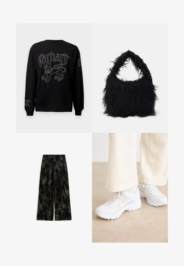 Crna majica dugih rukava s bijelim vezom lava i tekstom, okruglog izreza i rebrastim manžetama.; Široke hlače u crnoj i tamnosivoj boji s teksturiranim, mramornim uzorkom, prednjim džepovima, dugmetom za zatvaranje i petljama za remen.; Bijele atletske cipele s mrežastim dizajnom, teksturiranim površinama i potpornih tabanima. Šnalice i suptilan detalj brendiranja sa strane.; Even&Odd Velika torba - black