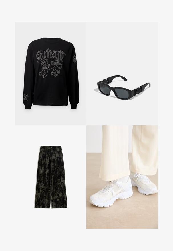 Crna majica dugih rukava s bijelim vezom lava i tekstom, okruglog izreza i rebrastim manžetama.; Široke hlače u crnoj i tamnosivoj boji s teksturiranim, mramornim uzorkom, prednjim džepovima, dugmetom za zatvaranje i petljama za remen.; Bijele atletske cipele s mrežastim dizajnom, teksturiranim površinama i potpornih tabanima. Šnalice i suptilan detalj brendiranja sa strane.; Crne sunčane naočale s kutnim okvirom, debelim rubovima, tamnim staklima i kružnim detaljem na sljepoočnicama. Glatki plastični materijal.; Even&Odd Velika torba - black