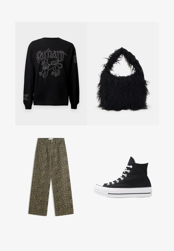 Musta pitkähihaisen paita, jossa on valkoinen kirjonta leijonasta ja tekstiä, pyöreä pääntie ja ribbaatut hihansuut.; Farkkuhousut leopardikuosisessa ruskean ja mustan sävyssä. Korkeavyötäröiset, suorat lahkeet ja perinteinen viiden taskun malli.; Korkean ylösulkeutuvan mustan kankaan lenkkitossun, jossa on valkoiset rei'itykset, nauhat ja kumipohja. Sisältää teksturoituneen kärkitilan ja musta-valkoiset raidat.; Even&Odd Shopping bag - black