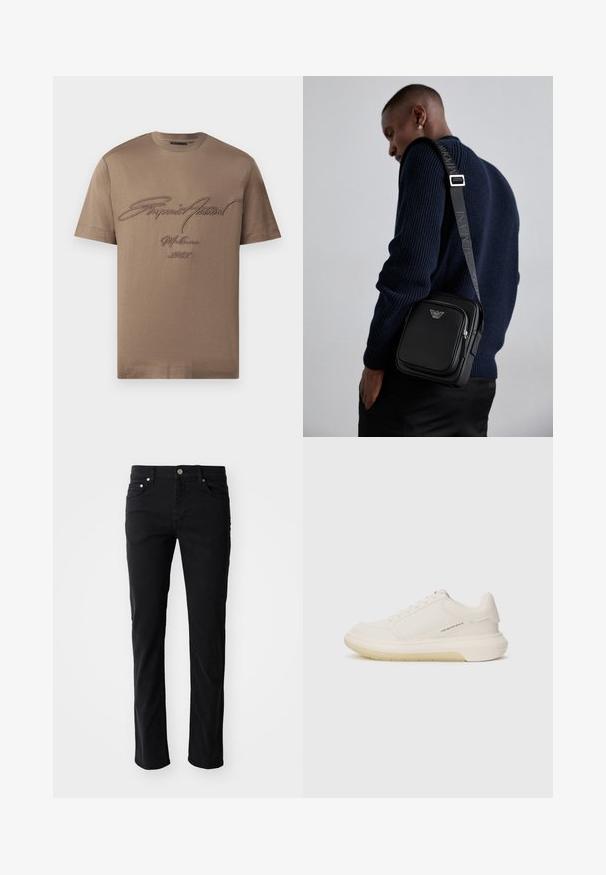 Camiseta de algodón marrón con mangas cortas, que presenta texto bordado en marrón oscuro. Diseño simple de cuello redondo con un ajuste relajado.; Vaqueros de mezclilla negra con un diseño de pierna recta, que cuentan con un cierre delantero de botón, cinco bolsillos y sutiles detalles de costura.; Zapatillas blancas con parte superior de cuero suave, puntera redondeada y suela de goma gruesa. Presentan costuras mínimas y un sutil detalle del logo en el costado.; Bolso cruzado de cuero negro con un compartimento con cremallera, detalle de logo y una correa ajustable de marca. Llevado sobre un suéter de punto azul marino.