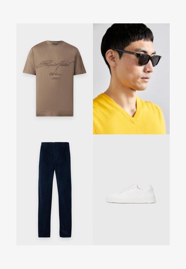 T-shirt en coton marron à manches courtes, avec un texte brodé en marron foncé. Design simple à col rond avec une coupe décontractée.; Pantalon en velours côtelé bleu marine avec plis avant, passants de ceinture, poches latérales et fermeture à bouton et zip, présenté à plat sur un fond blanc.; Sneaker blanc avec une tige en cuir lisse, bout rond, lacets, accents latéraux texturés et une épaisse semelle en caoutchouc. Design minimaliste.; Lunettes de soleil avec des montures noires et des verres foncés. Les détails notables incluent de petites accents dorés sur les charnières et une forme rectangulaire.