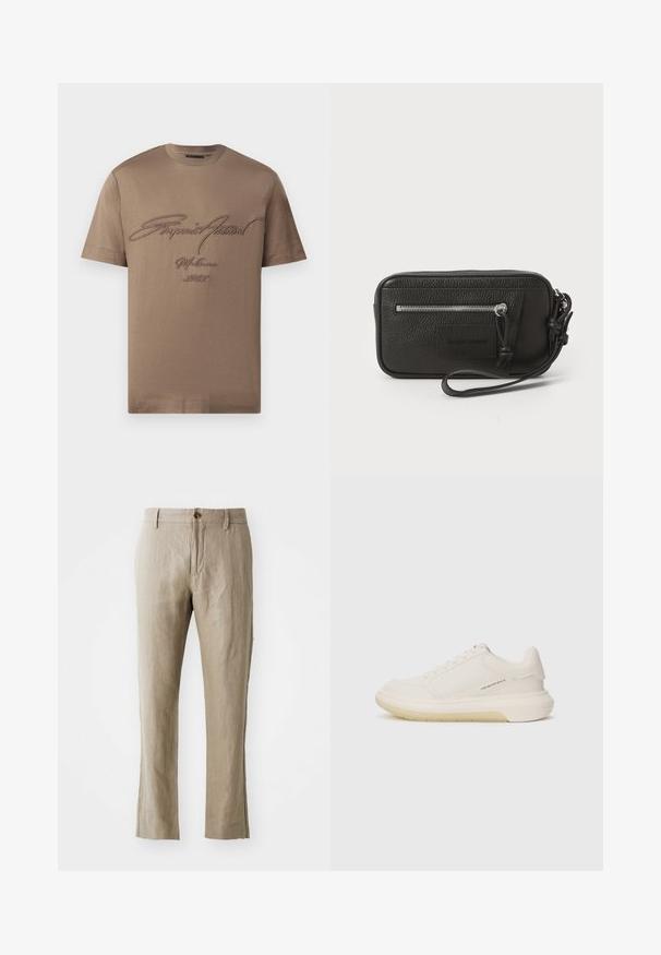 Brun bomulls-T-shirt med korta ärmar, med broderad text i mörkbrunt. Enkel rundhalsdesign med en avslappnad passform.; Beige linnebyxor med rak passform, med knappstängning fram och en jämn textur. Inga synliga mönster eller detaljer.; Vita sneakers i slät läder, rund tå och tjock gummisula. Har minimal sömnad och en diskret logotypdetalj på sidan.; Svart läderclutch med texturerad yta, framfickan med dragkedja och avtagbar handledsrem. Har en logotypetikett framtill. Rektangulär form.