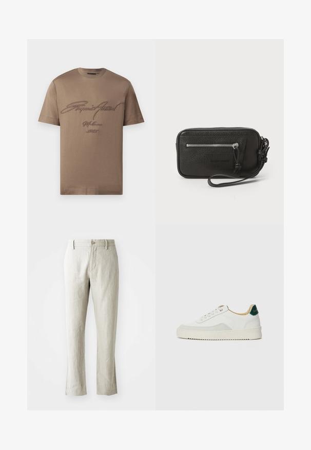Camiseta de algodón marrón con mangas cortas, que presenta texto bordado en marrón oscuro. Diseño simple de cuello redondo con un ajuste relajado.; Pantalones de lino color beige claro con corte recto, textura sutil, cierre frontal con botón y dos bolsillos laterales. Diseñados para una silueta limpia.; Zapatilla blanca con acentos de ante, puntera redondeada, cordones planos y suela de goma color crema. Presenta un logo verde en el talón.; Clutch de cuero negro con superficie texturizada, bolsillo delantero con cremallera y correa de muñeca desmontable. Presenta una etiqueta de logo en el frontal. Forma rectangular.