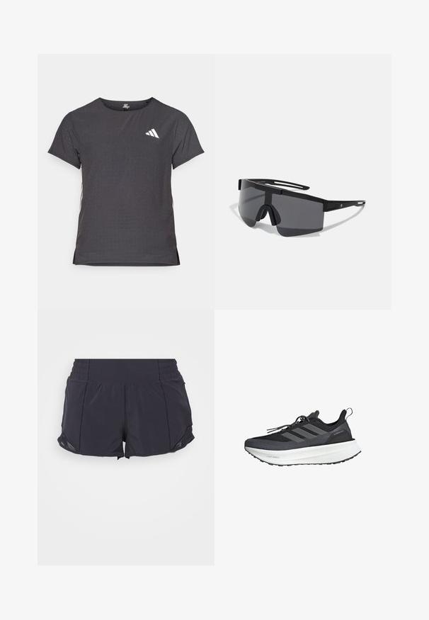 Kraťasový sportovní tričko, tmavě šedé barvy s perforovanou texturou. Obsahuje bílé logo a kontrastní boční pruhy. Kulatý výstřih.; Černé sportovní šortky s elastickým pasem, mírnými bočními rozparky a hladkým, lehkým materiálem. Obsahují vrstvený design pro maximální pohodlí.; Černá sportovní obuv s podšívkou z elastické síťoviny, třemi šedými pruhy, silnou bílou podrážkou a texturovanými detaily. Obsahuje poutko na patě.; Černé oversized sluneční brýle se robustním plastovým rámem, designem obepínajícím obličej a tmavými skly, obsahující nosní můstek a minimální boční prvky.