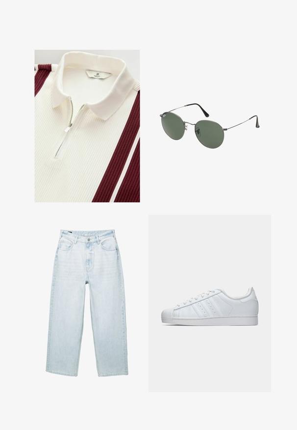 Next VERITCAL STRIPE - REGULAR FIT - Piké - burg white; Ljusblå denimjeans med lös passform, featuring fem fickor, dragkedja och synlig sömnad. Tyget har en mjuk textur.; Vita lädersneaker med en texturerad gummitåspets, tre sidostreck och en vadderad krage. Platta vita skosnören och en minimalistisk design.; Metallinramade solglasögon med ovala gröna linser. Tunn silvermetallram och svarta öronpluggar. Minimalistisk design, inga synliga logotyper.